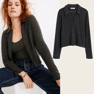 Madewell Gray Polo Sweater Cardigan Crop Ribbed Knit Collared Long Sleeves S